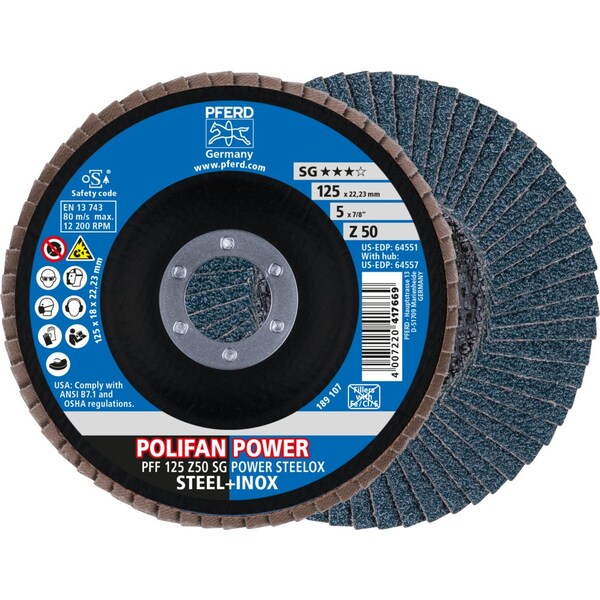 Pferd Flap Disc, 5''x7/8, Z SG POWER STEELOX, 50 Grit, T27, Flat, Zirconia 64551 - main